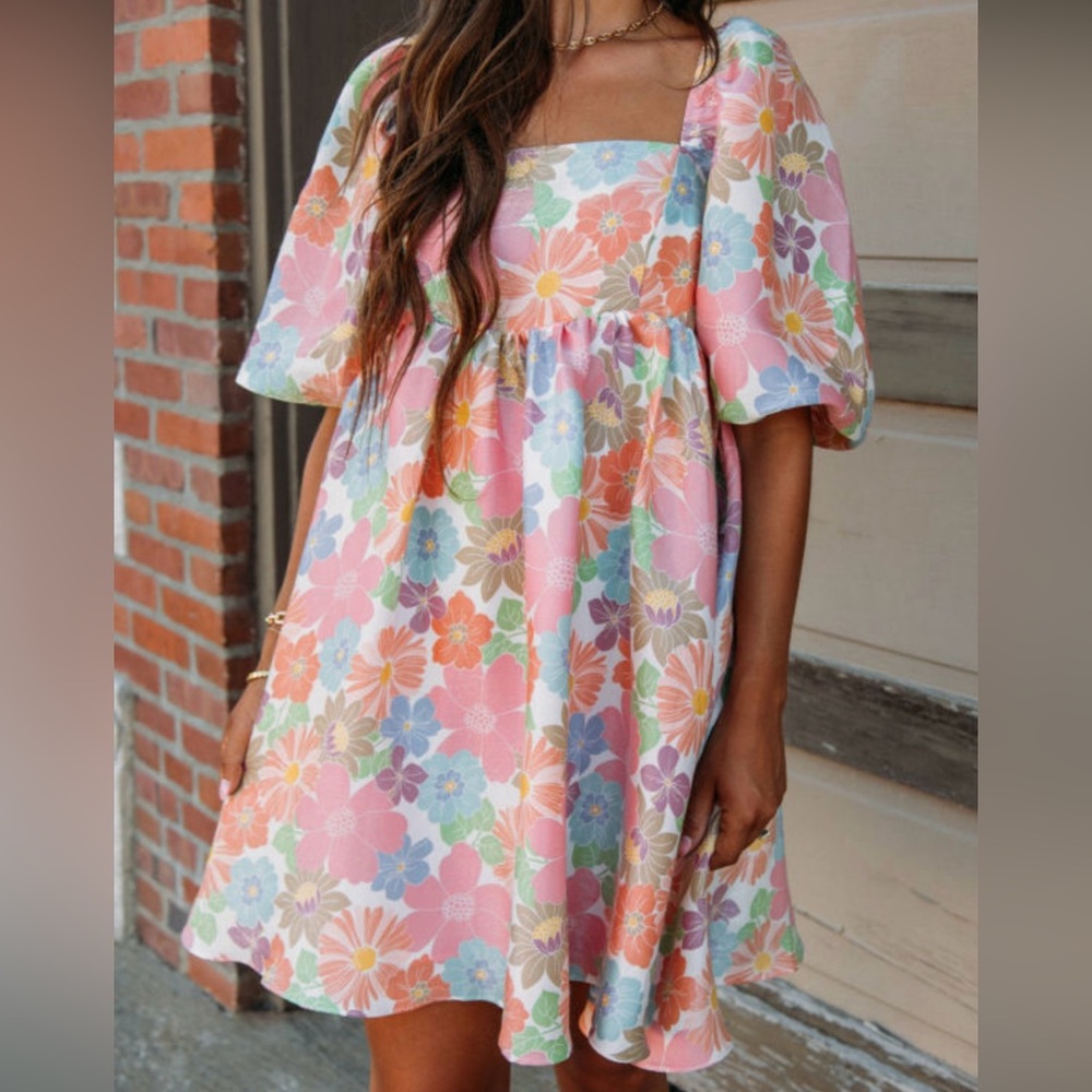 Pink Floral Square Neck Puff Sleeve Dress